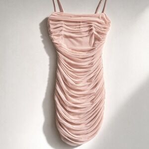Babaton Ruched Mesh Dress Pink Bodycon Mini Sheer Overlay Size 8